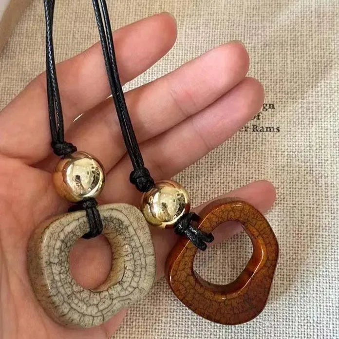 Round Hollow Pendant Necklace for Women Black Leather Rope Sweater Chain Geometric Design