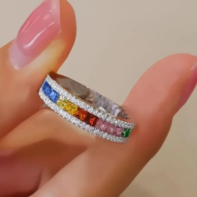 Women's Multi-Colored Square Cubic Zirconia Engagement Ring in Brass