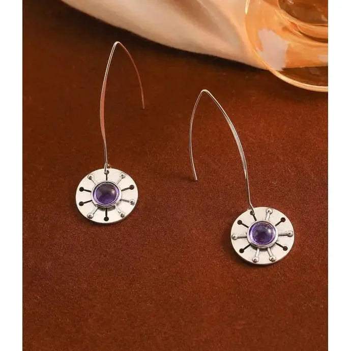 Vintage Silver Metal Purple Stone Circular Pendant Drop Earrings for Women