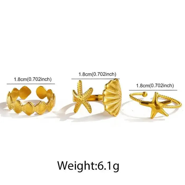 3Pcs Women's Ocean Starfish Shell Open Rings Gold Stainless Steel Jewelry Set