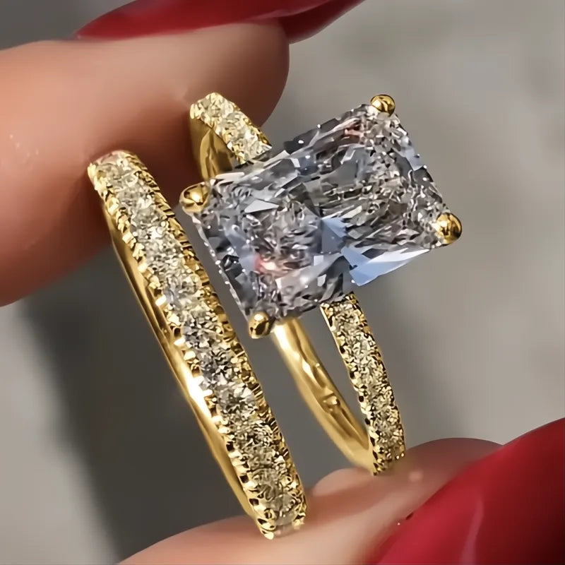 Rectangular Cubic Zirconia Bridal Wedding Rings Set for Women Luxury Trendy Engagement Band Jewelry