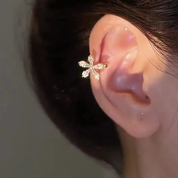 Korean Crystal Flower Butterfly Stainless Steel Clip-On Ear Cuffs for Women