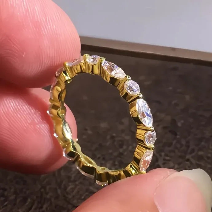 Gold Cubic Zirconia Geometric Wedding Band Ring for Women Stylish Jewelry