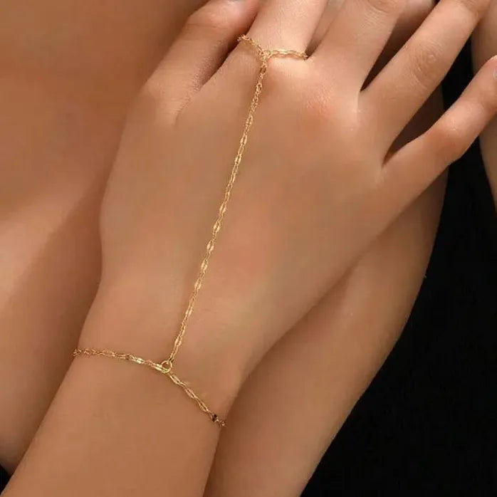 Gold Color Hand Chain Ring Bracelet for Women Minimalist Link Jewelry
