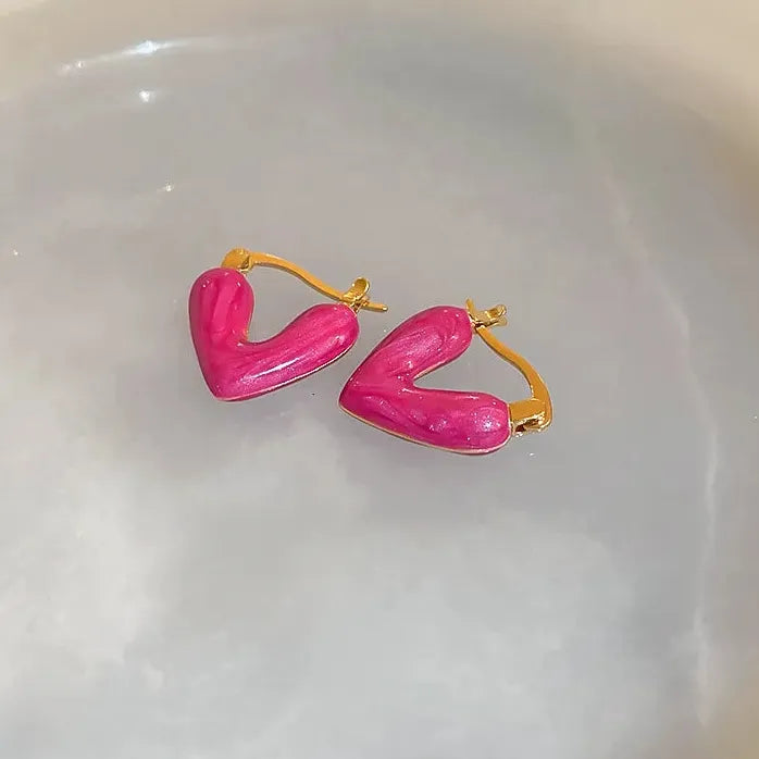 French Romantic Wine Red Enamel Heart Pendant Earrings Copper Alloy Jewelry for Women