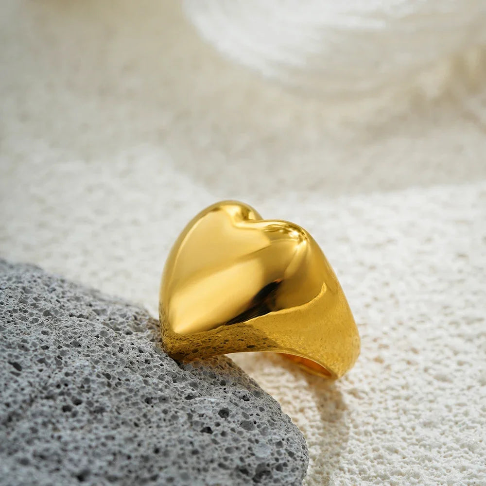 18K Gold Plated Chunky Heart Ring for Women Waterproof Non Tarnish Wedding Jewelry