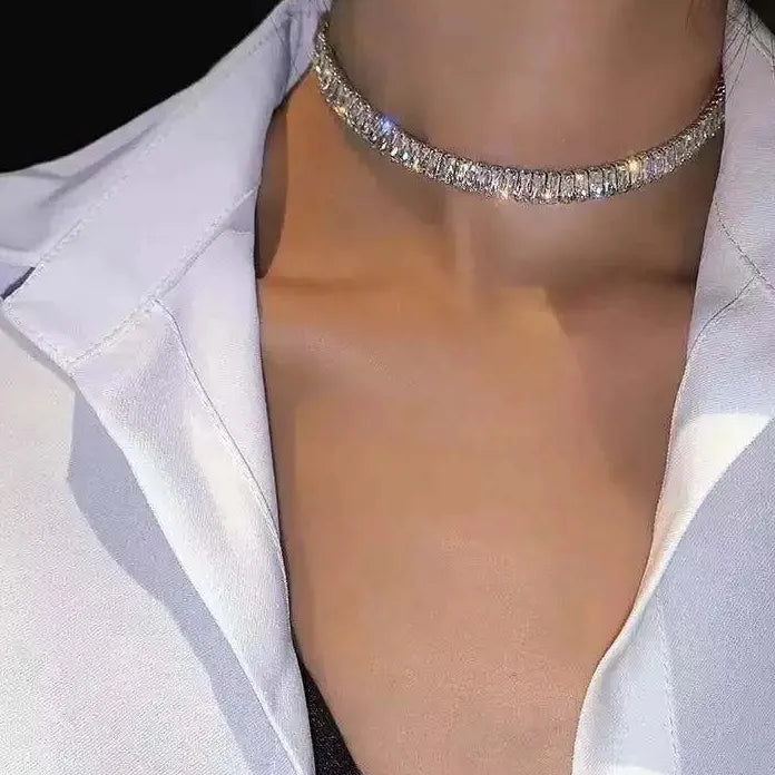 Stainless Steel Zircon Crystal Rectangle Geometric Choker Necklace Women Jewelry Set