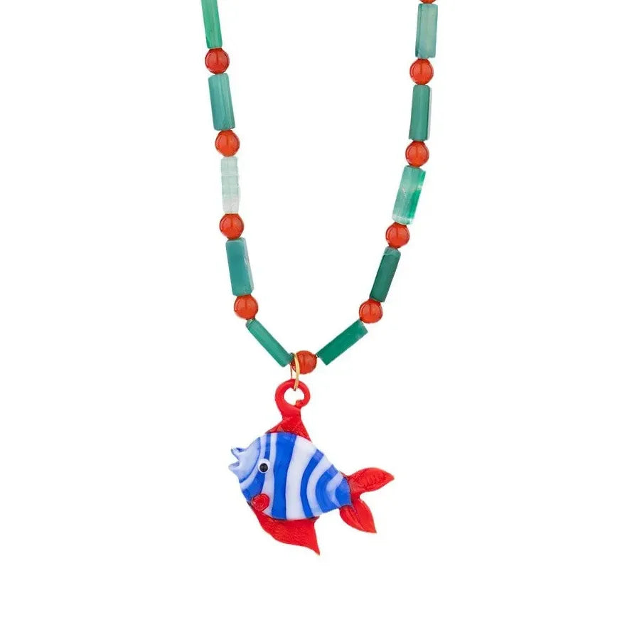 18k Gold Plated Lobster Fish Pendant Necklace Natural Stone Beads Handmade Jewelry