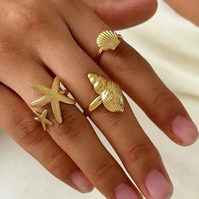 Adjustable Stainless Steel Starfish Conch Shell Ring for Women Gift Jewelry Gold