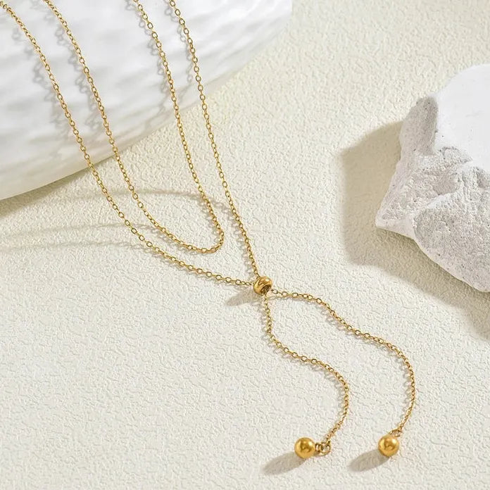 Luxury Metal Double-Layer Beads Pendant Y-Shaped Necklace for Women
