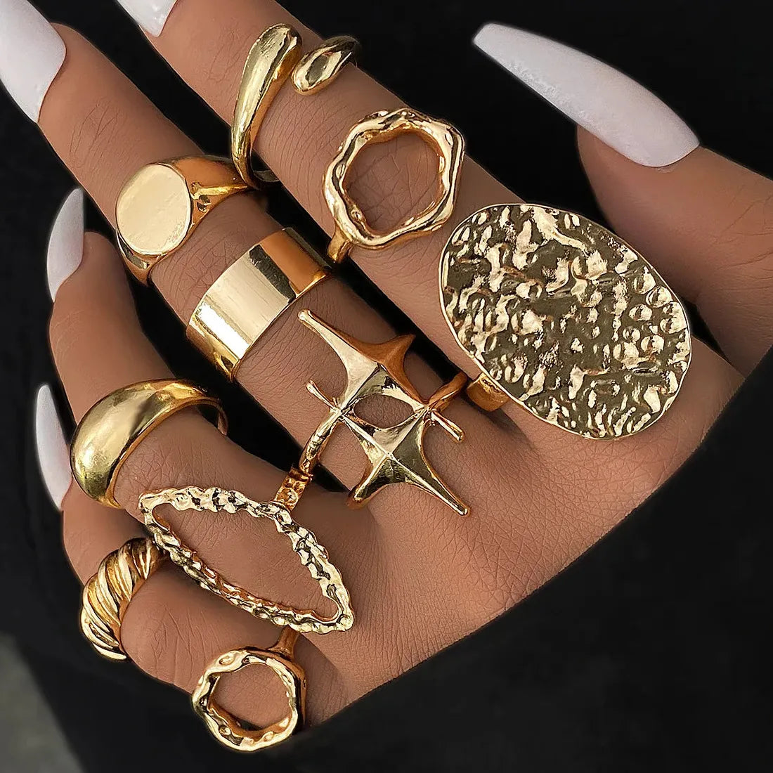 10Pcs Geometric Rings Set for Men Women Punk Hiphop Gold Silver Jewelry