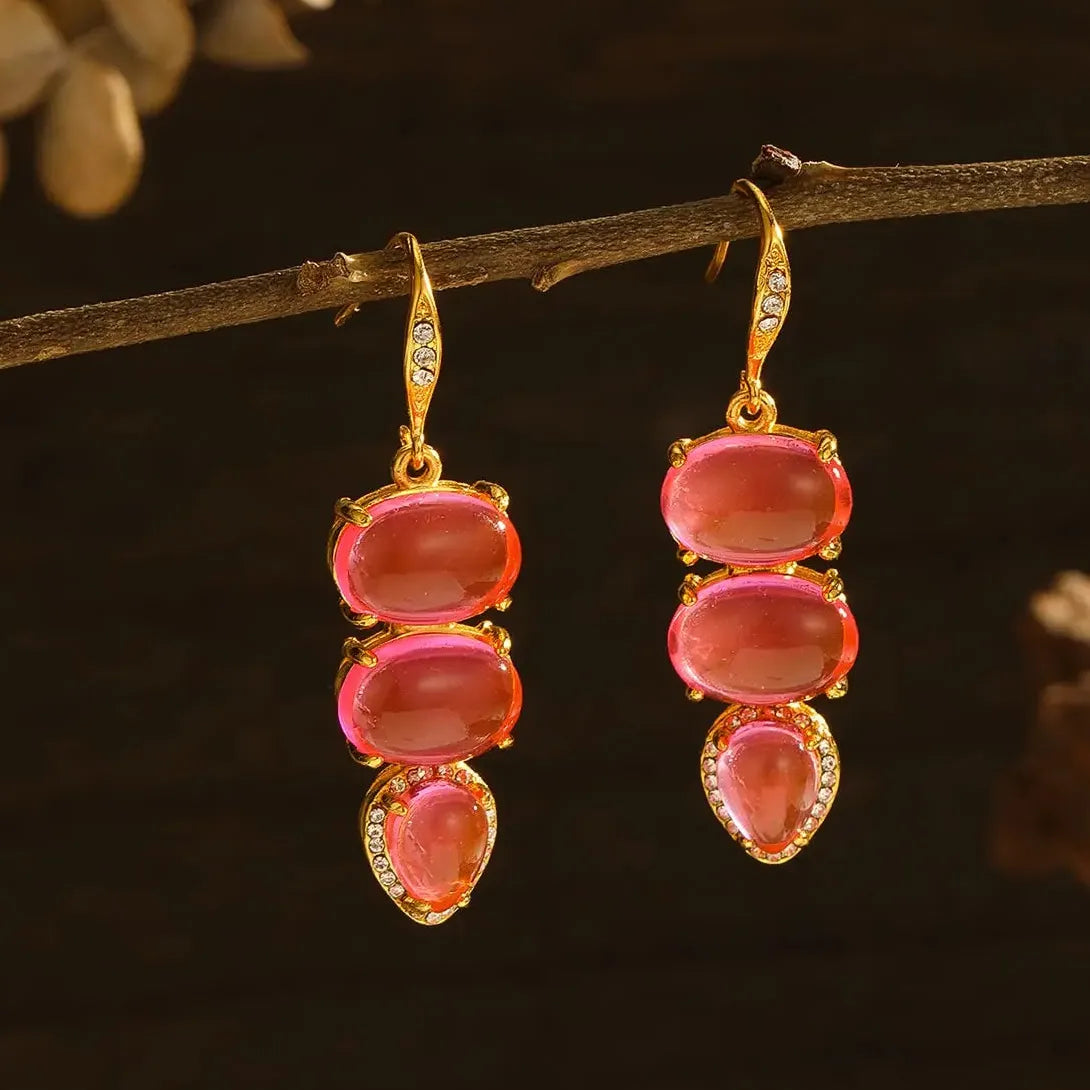 Pink Synthetic Gemstone Water Droplet Heart Earrings Zinc Alloy Christmas Gift