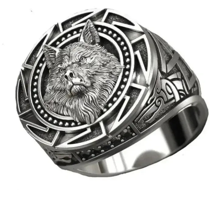 Men's Retro Viking Wolf Head Ring Zinc Alloy Nordic Mythology Geometric Design