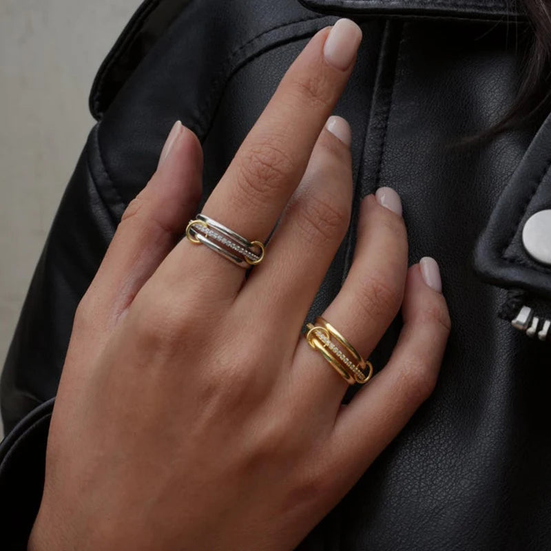 Multi Connected Triple Layer Gold CZ Zircon Punk Stacking Ring for Women