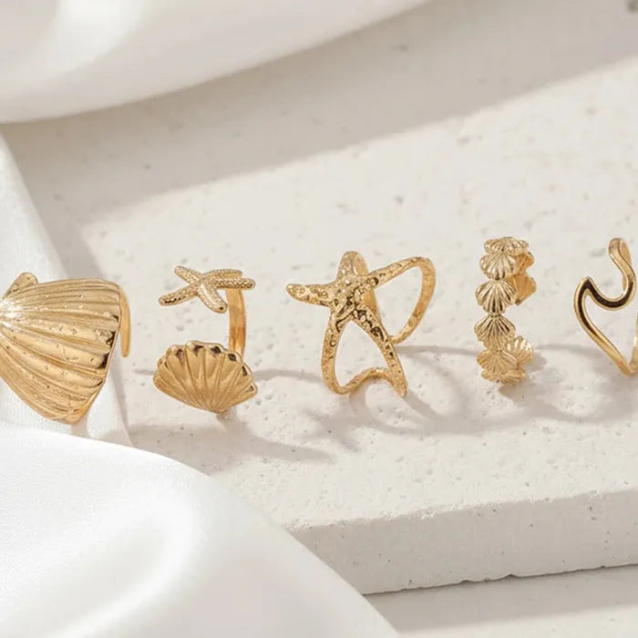 Adjustable Stainless Steel Shell Starfish Ring Set 5Pcs Women Jewelry Gift