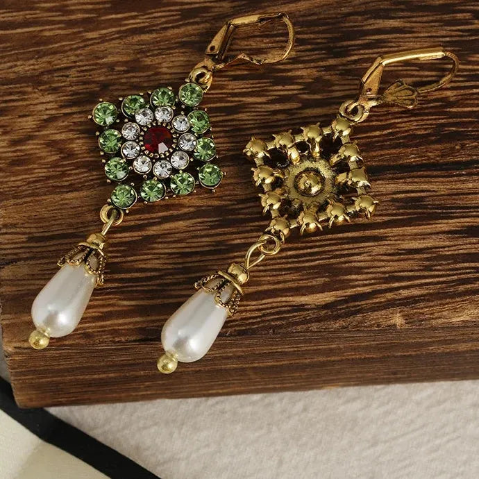 Gold Color Drop Earrings with White Red Green Stones & Imitation Pearls for Women
