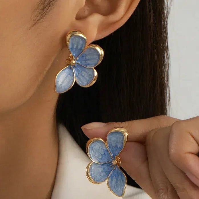 Vintage Blue Flower Drop Oil Stud Earrings for Women Nature Jewelry