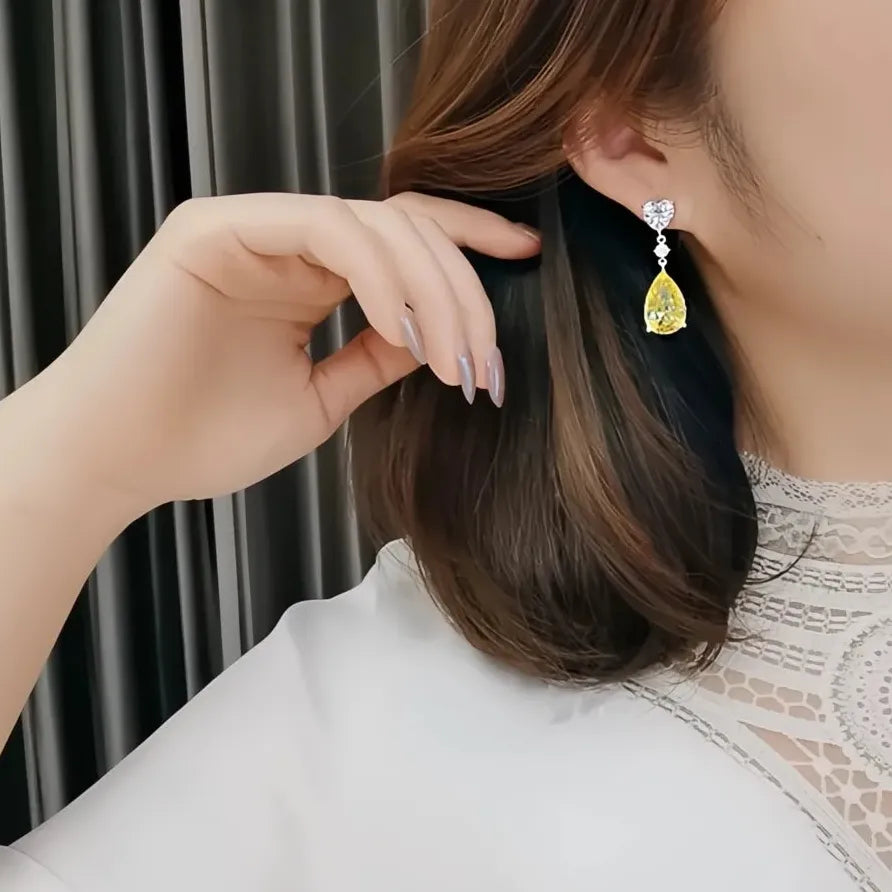 Yellow Pear Geometric Cubic Zirconia Drop Earrings Luxury Jewelry
