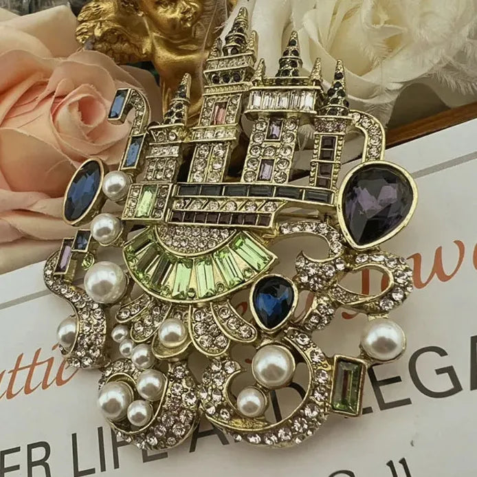 Vintage Pink Castle Palace Crystal Rhinestone Brooch Pin for Women