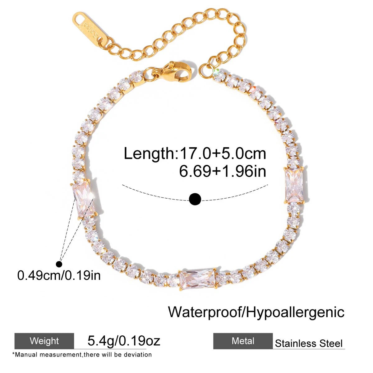 18K Gold Plated Stainless Steel Tennis Chain Bracelet CZ Zircon Fashion Jewelry Gift
