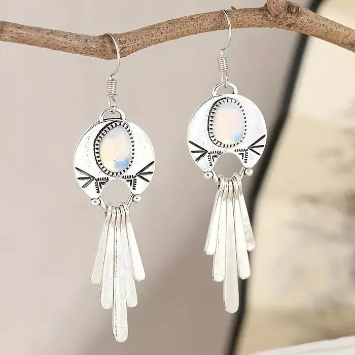 Elegant Retro Bohemian Tassel Earrings Imitation Turquoise Semi-Precious Jewelry