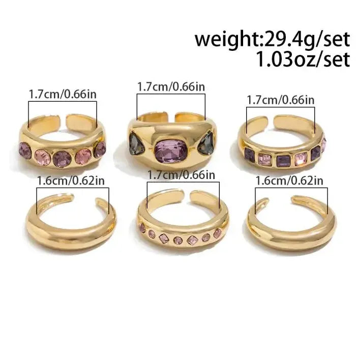 6Pcs Adjustable Purple Zircon Geometric Rings for Women Vintage Style
