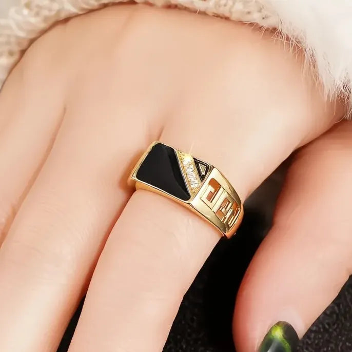 Gold Brass Women’s Wedding Band Ring Black Glaze Cubic Zirconia Hollow-Out