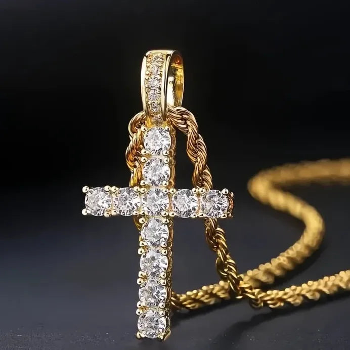 Women’s Cross Pendant Necklace with Long Chain and Cubic Zirconia Stones