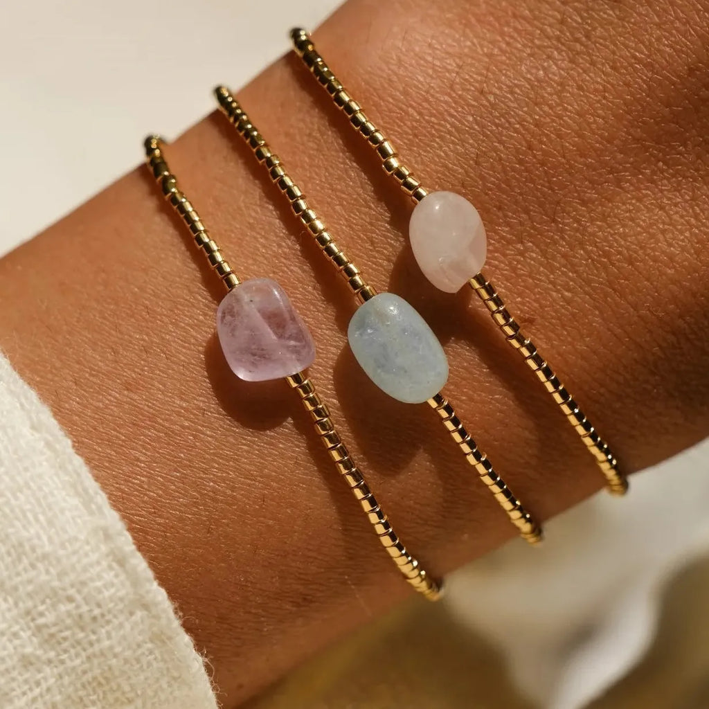 Natural Stone Amethyst Bead Bracelet 18K Gold Plated Geometric Charm Jewelry Gift Waterproof