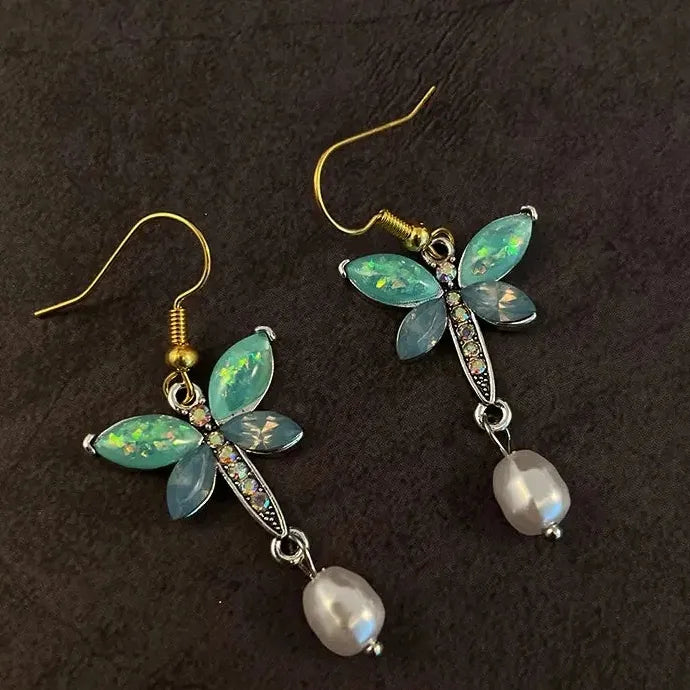 Elegant Dragonfly Carving Seven Color Gemstone Hook Earrings for Women Wedding Jewelry