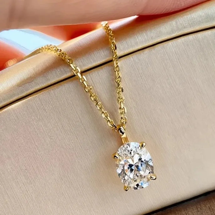 Copper Alloy Gold Oval Geometric Pendant Necklace with Cubic Zirconia