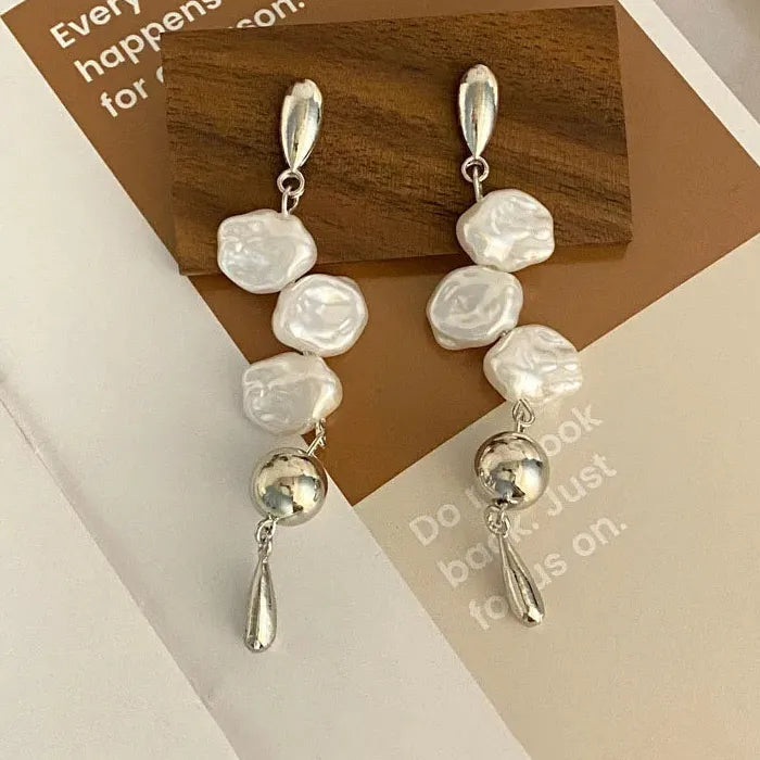 Korean Geometric Pearl Tassel Drop Earrings for Women Zinc Alloy Jewelry