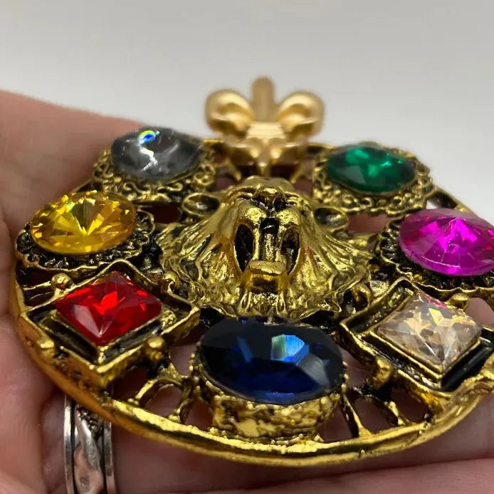 Colorful Rhinestone Lion Head Brooch Animal Jewelry for Men Women