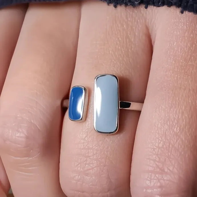 Blue Enamel Silver Color Women’s Geometric Fashion Ring Brass Epoxy Coated