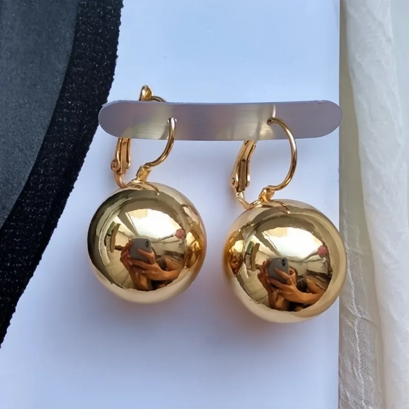 Simple Metallic Drop Earrings for Women Round Smooth Ball-Shape Pendant Copper Alloy Jewelry
