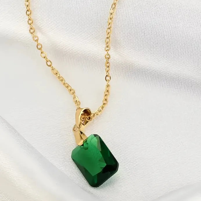 Gold Green Square Cubic Zirconia Pendant Necklace for Women Bridal Jewelry