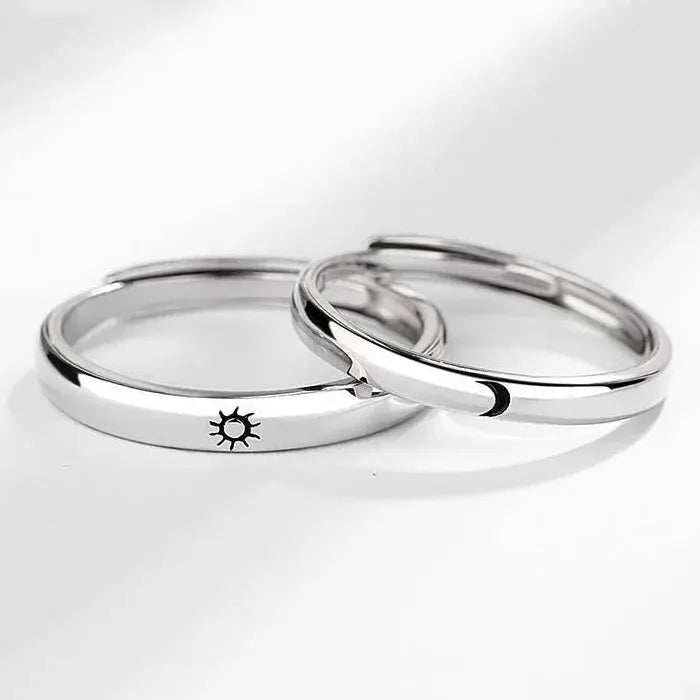 2Pcs Adjustable Silver Sun Moon Couple Heart Rings Set Gift Jewelry