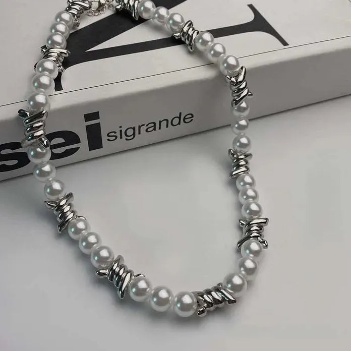 Punk Pearl Barbed Wire Chain Necklace Gothic Metal Jewelry Gift Men Women