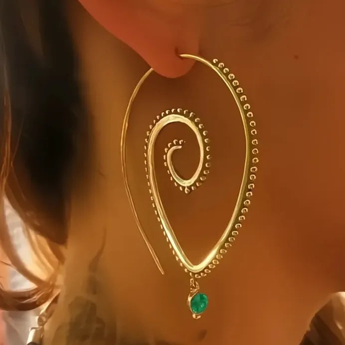 Big Spiral Drop Earrings with Green CZ Charm for Women Hip Hop Girls