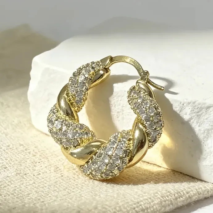 Chunky Twist Gold Cubic Zirconia Huggie Earrings Copper Alloy Geometric Drop