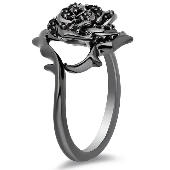 Brass Black Flower Pave Wedding Band with Cubic Zirconia for Women