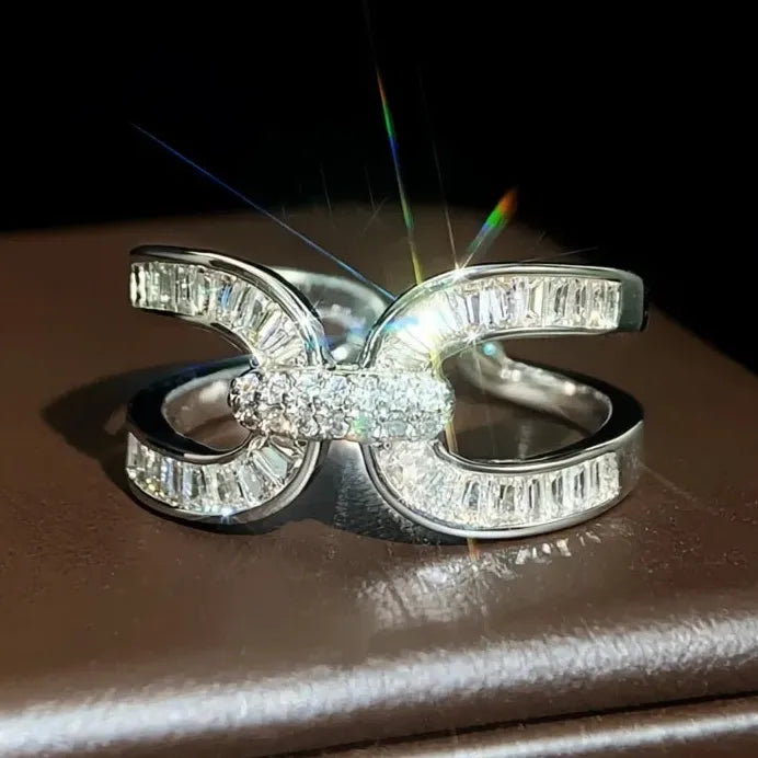 Adjustable Women's Cross Finger Ring Silver Tone Cubic Zirconia Wedding Band
