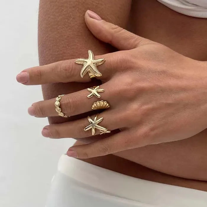 4Pcs Adjustable Gold Starfish Open Rings Beach Party Jewelry Accessories