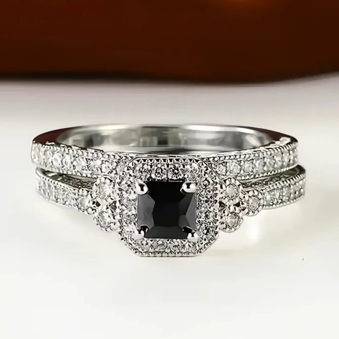 Princess White Black 2Pcs Luxury Cubic Zirconia Brass Wedding Rings for Women