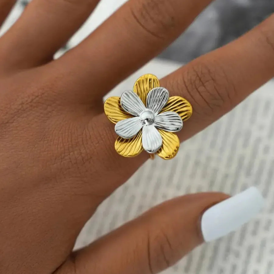Stainless Steel Flower Rings for Women Men, Gold Silver, Double-Layer Open Band