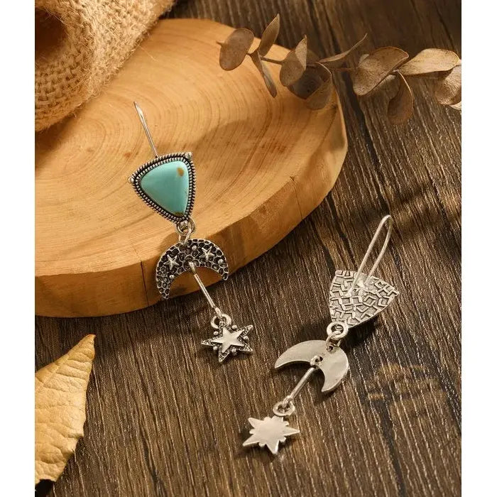Bohemian Retro Triangle Blue Green Stone Earrings Zinc Alloy Star Moon Pendant