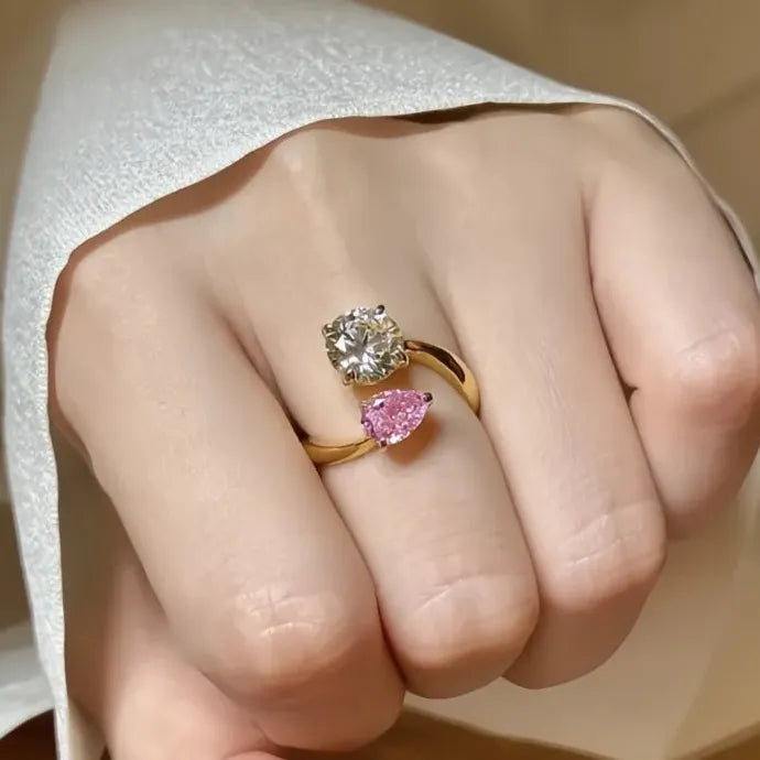 Elegant Open Cocktail Ring with Pink & White Cubic Zirconia Brass Jewelry
