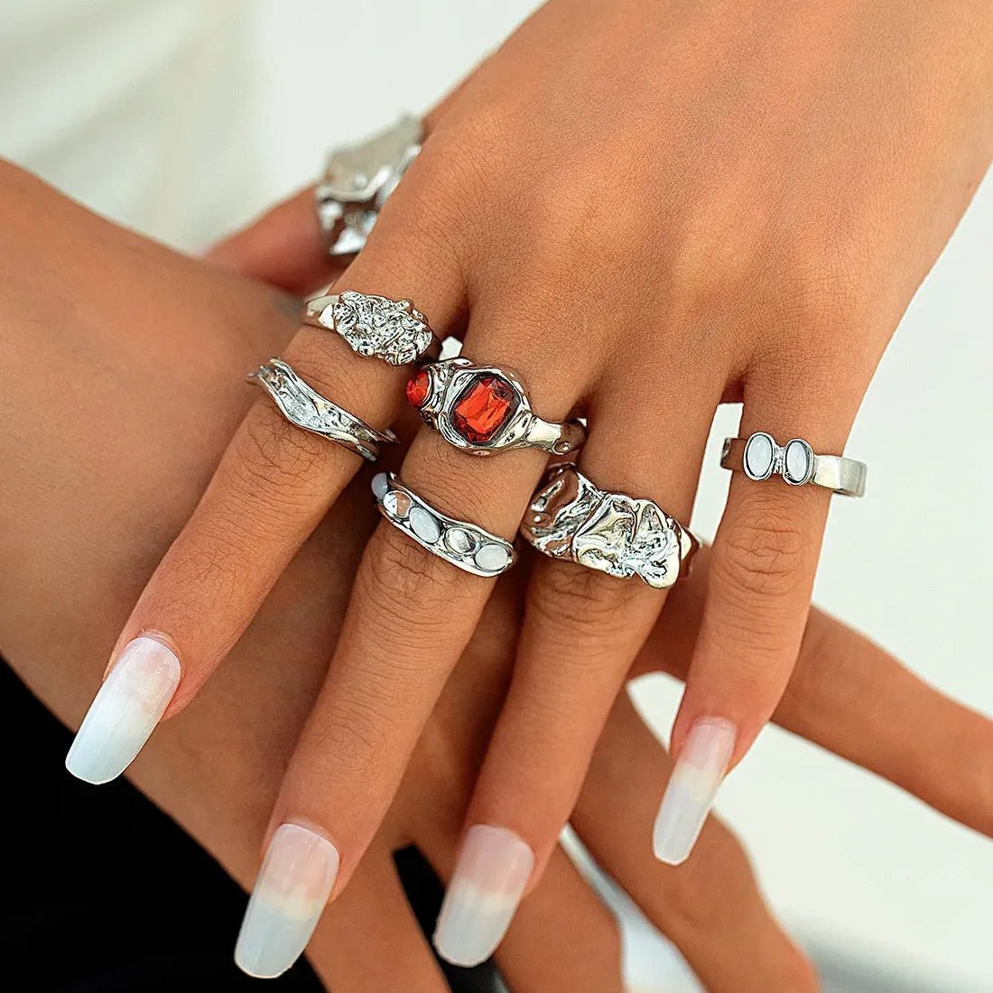7Pcs Vintage Red Crystal Geometric Rings Set for Women Men Fashion Jewelry