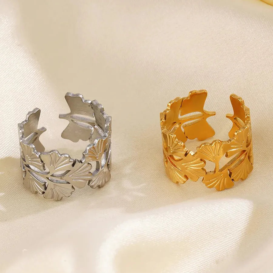 Gold Ginkgo Leaf Stainless Steel Ring Unisex Vintage Wedding Jewelry 2026