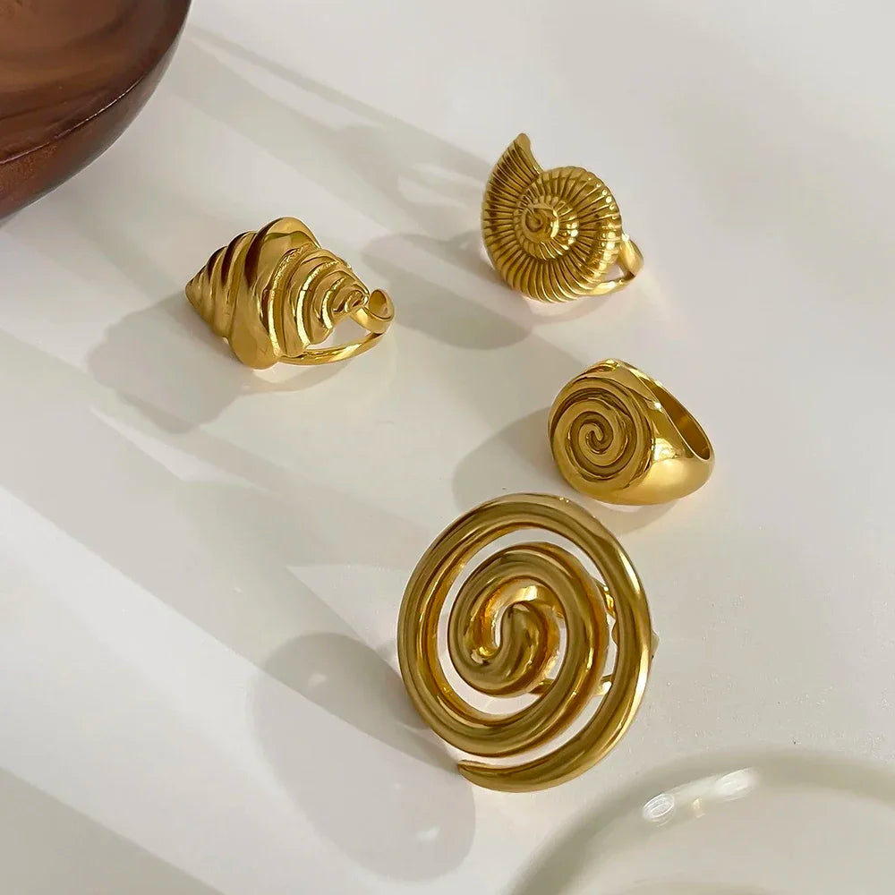 18K Gold Plated 316L Stainless Steel Seashell Scallop Chunky Ring Retro Jewelry